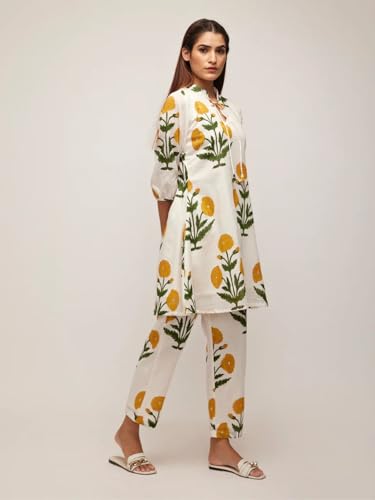 Leriya Fashion Women's Anarkali Floral Printed Rayon Kurta Pant Set | V-Neck Straight Kurti with 3/4 Sleeves | Co ord Set For Women Stylish | Kurtis