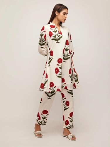 Leriya Fashion Women's Anarkali Floral Printed Rayon Kurta Pant Set | V-Neck Straight Kurti with 3/4 Sleeves | Co ord Set For Women Stylish | Kurtis