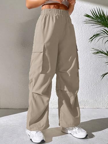 GRECIILOOKS High Waist Cotton Trousers for Women – Flared Parachute Pants with Side Pockets | Casual Travel Cargo Pants