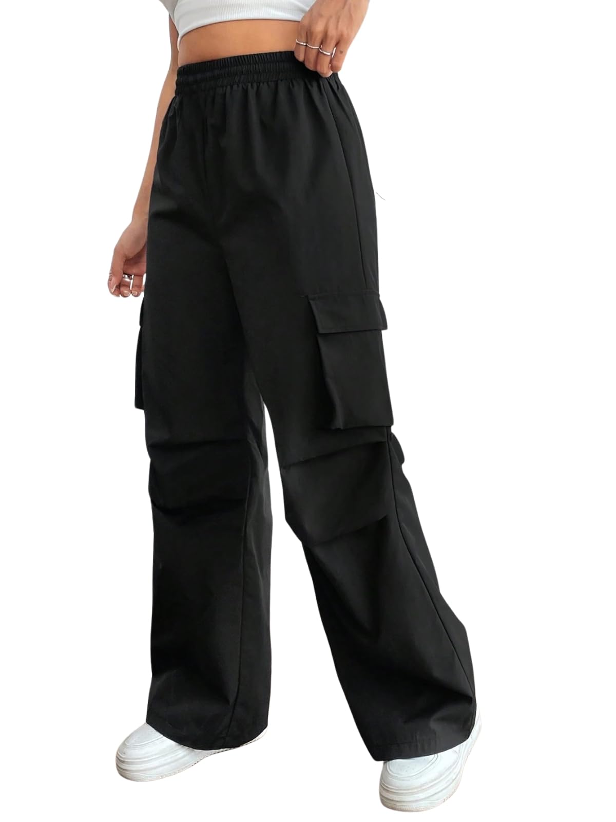 GRECIILOOKS High Waist Cotton Trousers for Women – Flared Parachute Pants with Side Pockets | Casual Travel Cargo Pants