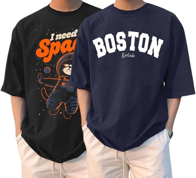 LEOTUDE Man Cotton Blend Graphic Print Round Neck Half Sleeve Drop Shoulder Oversized T Shirt (Color Navy Blue)