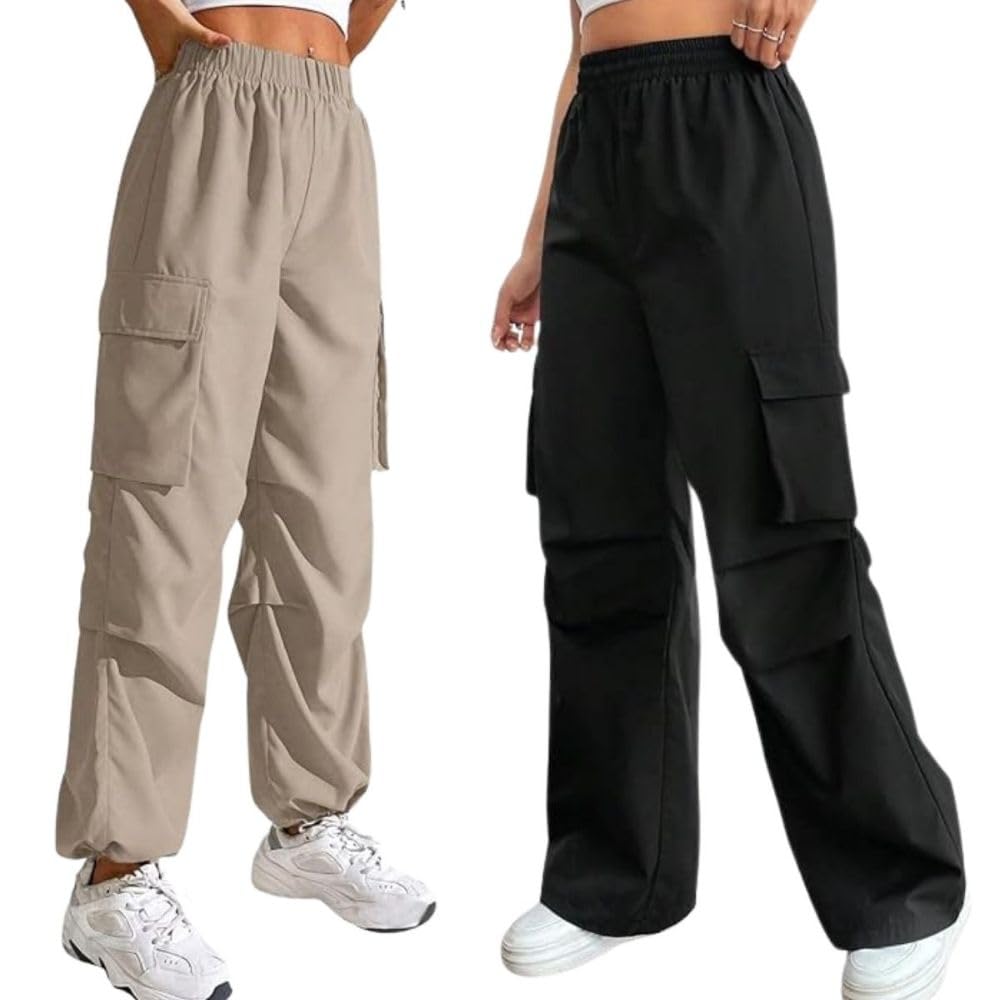 GRECIILOOKS High Waist Cotton Trousers for Women – Flared Parachute Pants with Side Pockets | Casual Travel Cargo Pants