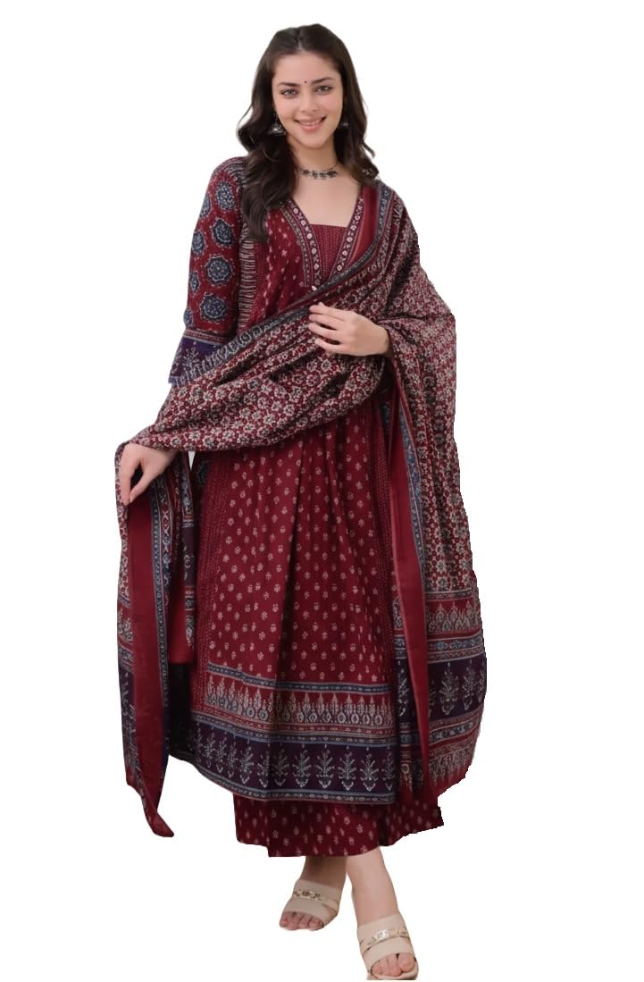 KLOSIA Women's Rayon Printed Anarkali Kurta and Pant with Dupatta full Set