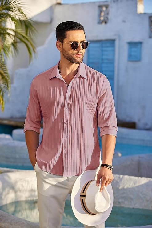 CB-COLEBROOK Men's Casual Button Down Shirts Long Sleeve Linen Shirt Fashion Textured Beach Summer Shirts |