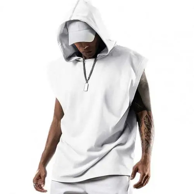 Plus Size Men Tanks Top Hooded Solid Color Summer Male Sleeveless Sports Top Loose Sleeveless Fitness Vest Party Sweatshirt