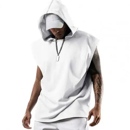 Plus Size Men Tanks Top Hooded Solid Color Summer Male Sleeveless Sports Top Loose Sleeveless Fitness Vest Party Sweatshirt