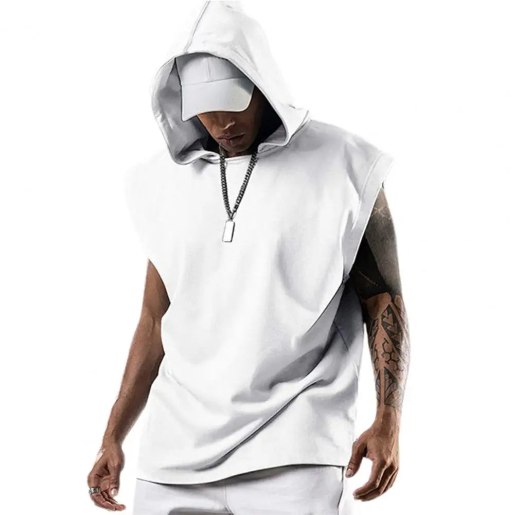 Plus Size Men Tanks Top Hooded Solid Color Summer Male Sleeveless Sports Top Loose Sleeveless Fitness Vest Party Sweatshirt