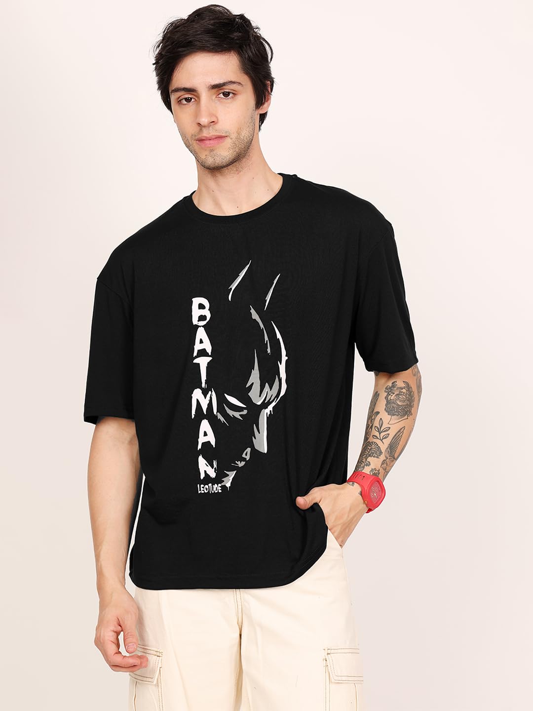 LEOTUDE Classy Half Sleeve Cottonblend Printed Round Neck Drop Shoulder Oversized Tshirt for Man