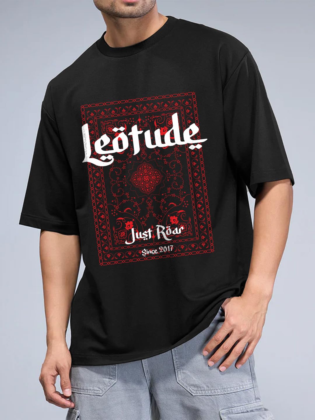 LEOTUDE Classy Half Sleeve Cottonblend Printed Round Neck Drop Shoulder Oversized Tshirt for Man