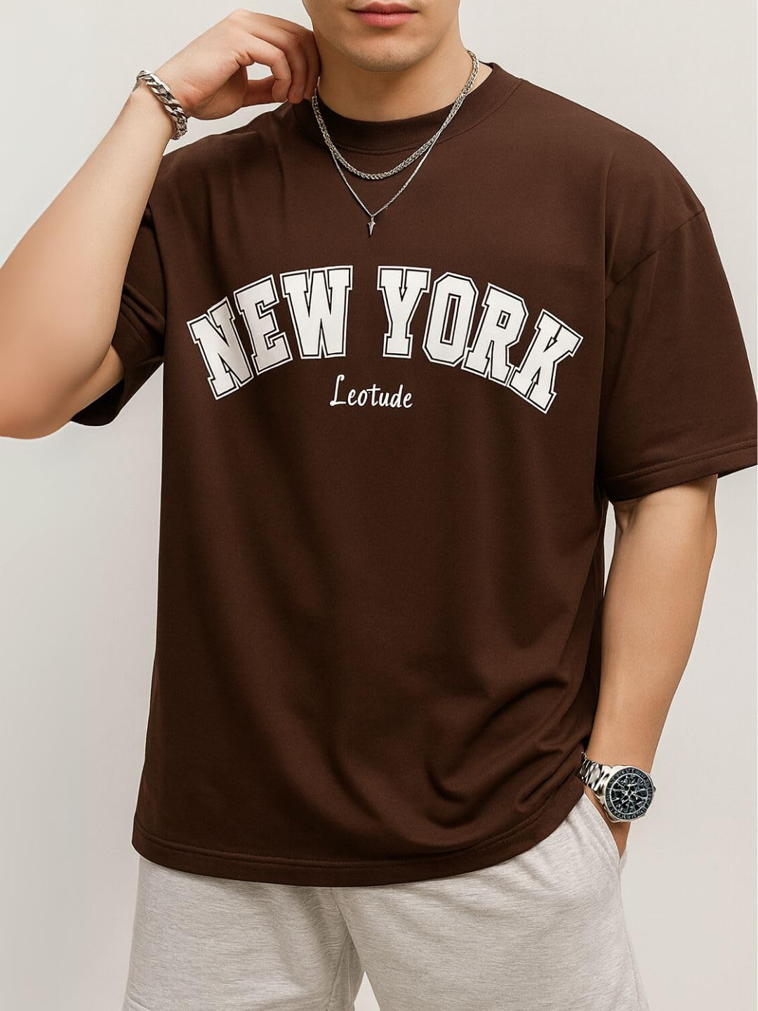 LEOTUDE Classy Half Sleeve Cottonblend Printed Round Neck Drop Shoulder Oversized Tshirt for Man