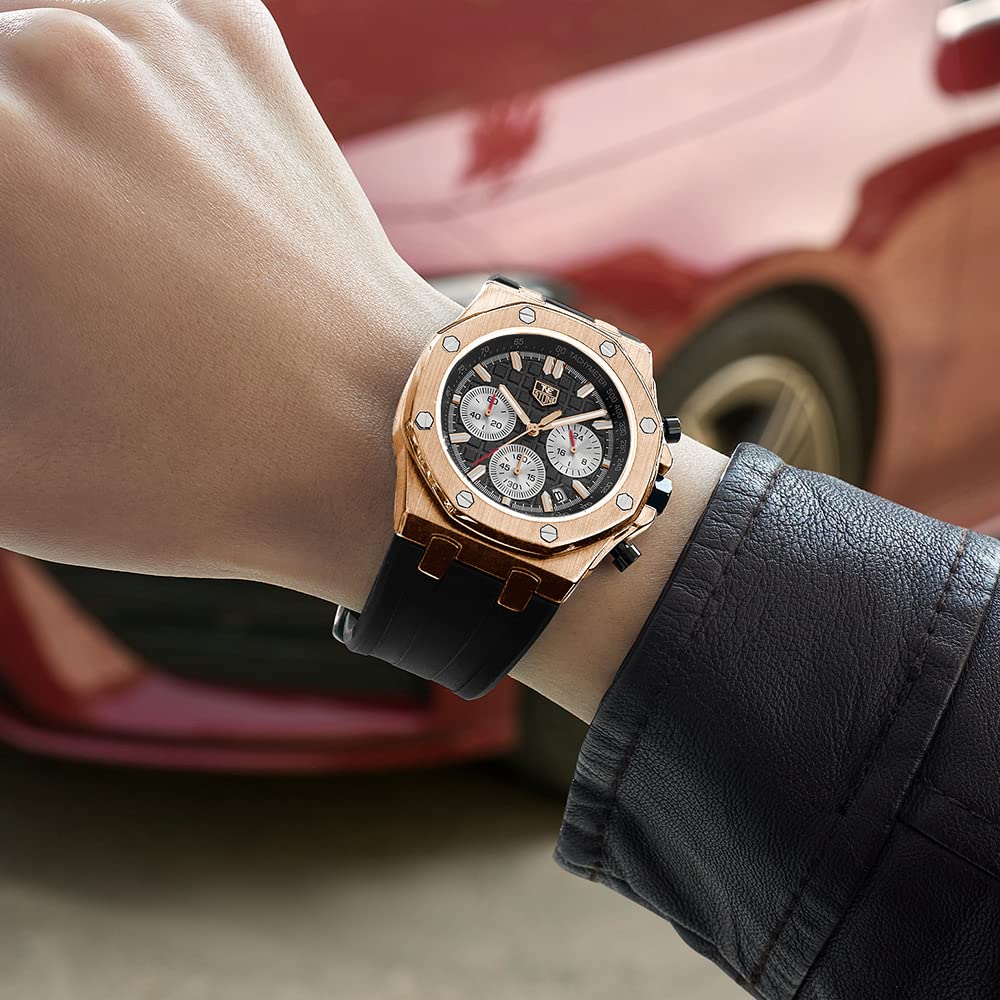 senstone Men's Watch Quartz Analog Multifunction Chronograph  Watch for Men with Calendar Black Rubber Strap