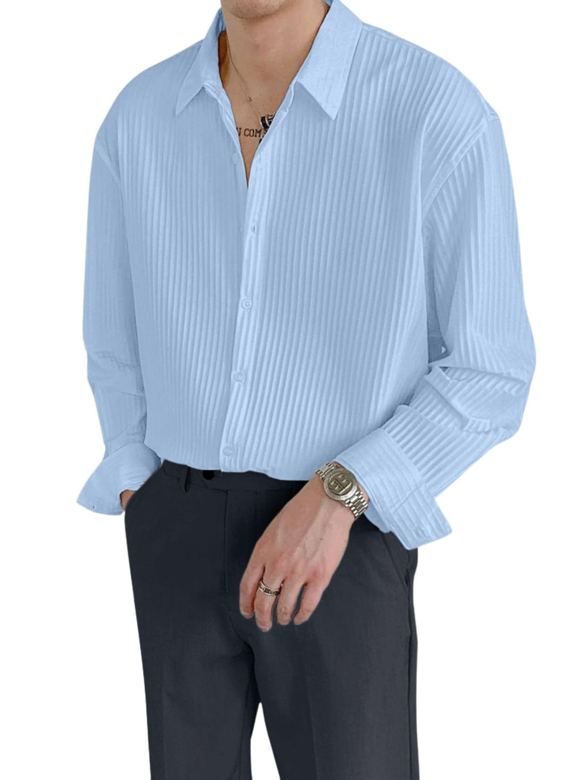 GRECIILOOKS Men's Formal Button Down Shirt – Slim Fit Polycotton Shirt|Textured Full Sleeve| (Available in Combo Pack of 2)