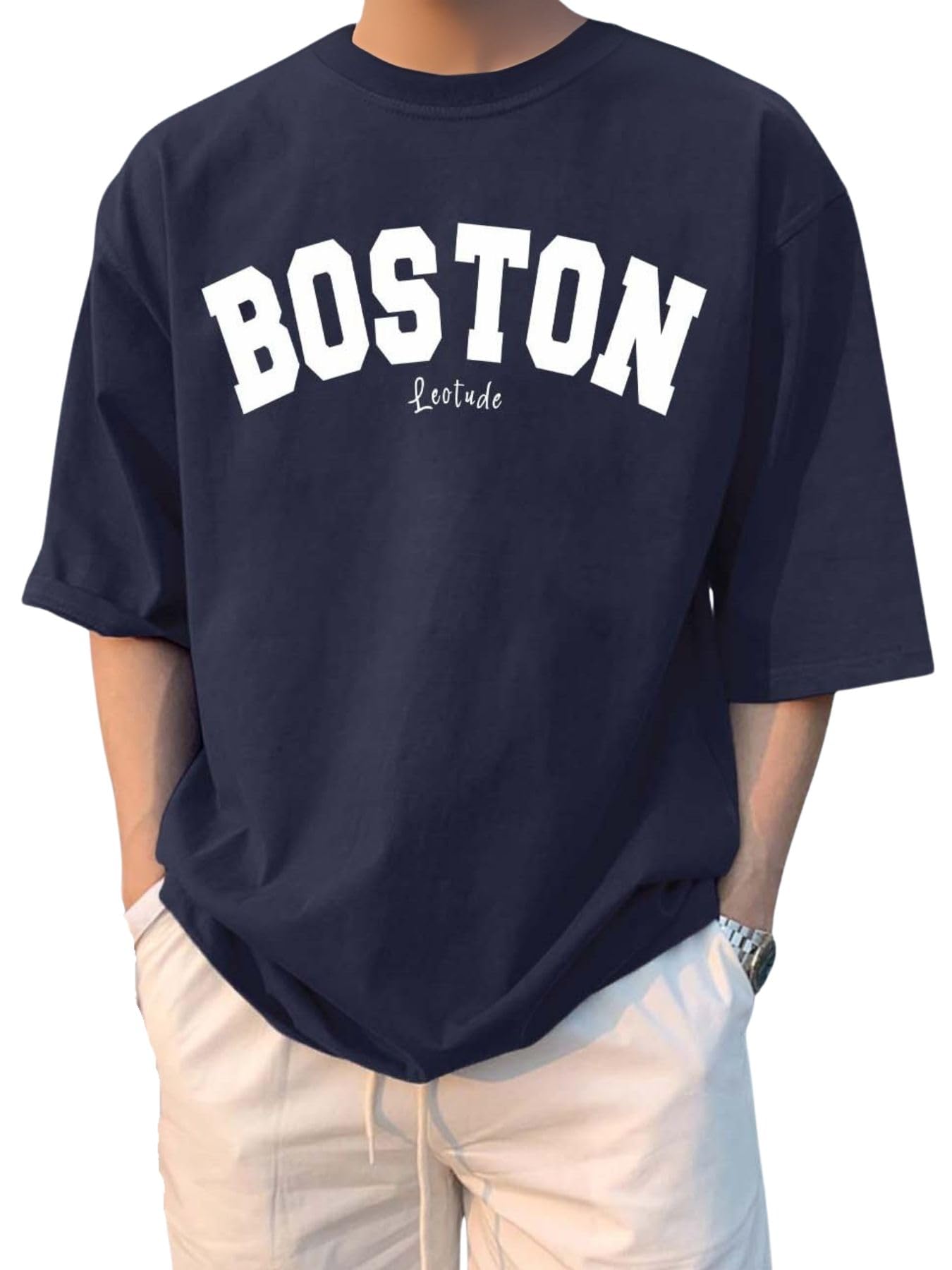 LEOTUDE Man Cotton Blend Graphic Print Round Neck Half Sleeve Drop Shoulder Oversized T Shirt (Color Navy Blue)