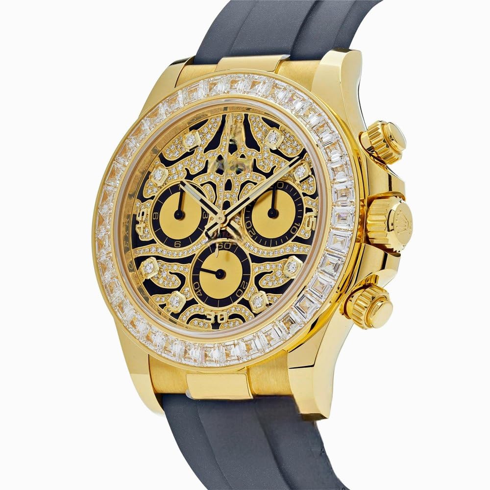 Luxury Men's Chronograph Watch, Gold Case with Diamond Bezel, Skeleton Tiger Colour Dial, Black Silicone Strap For men’s luxury watch