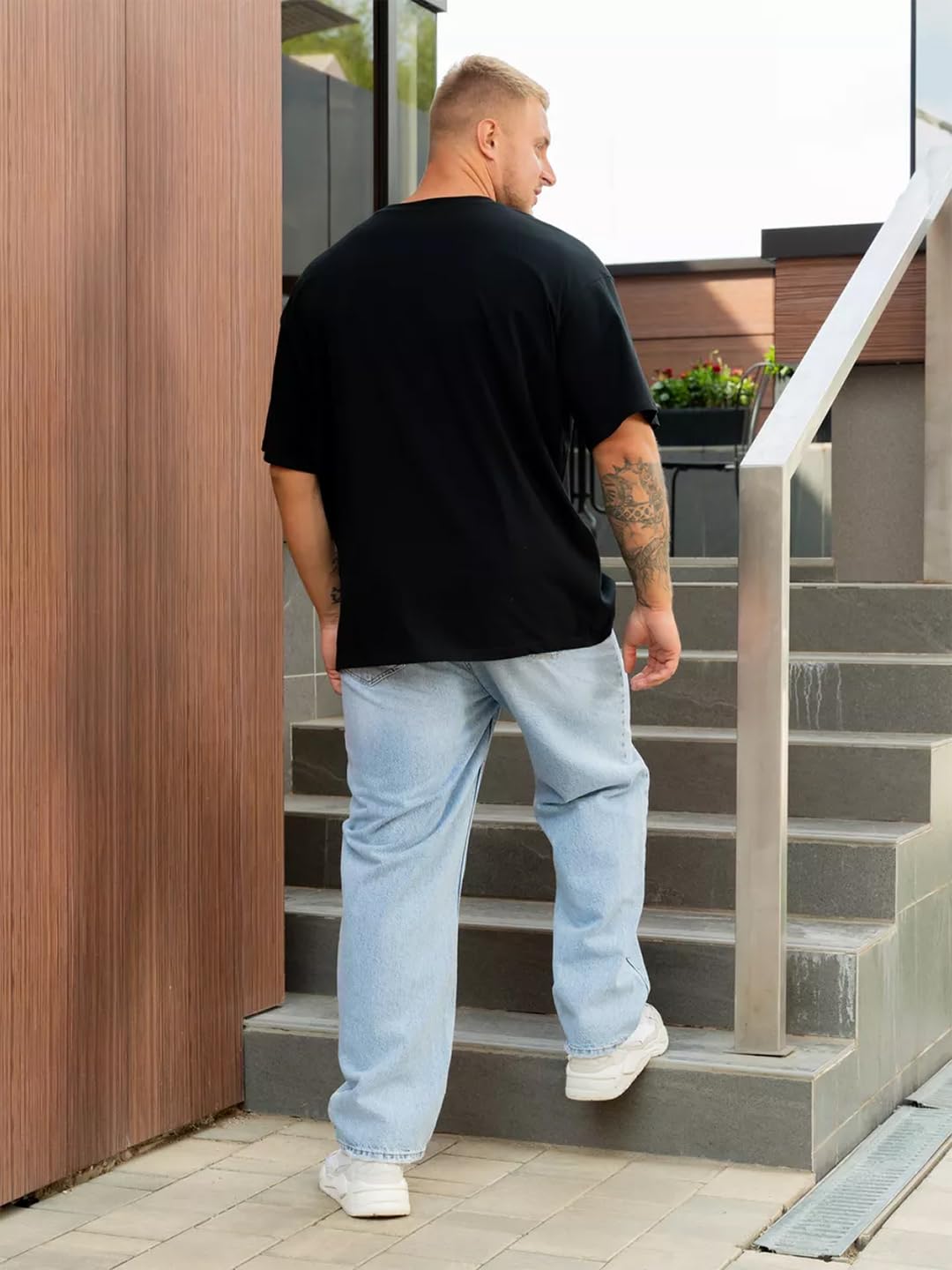 LEOTUDE Classy Half Sleeve Cottonblend Printed Round Neck Drop Shoulder Oversized Tshirt for Man