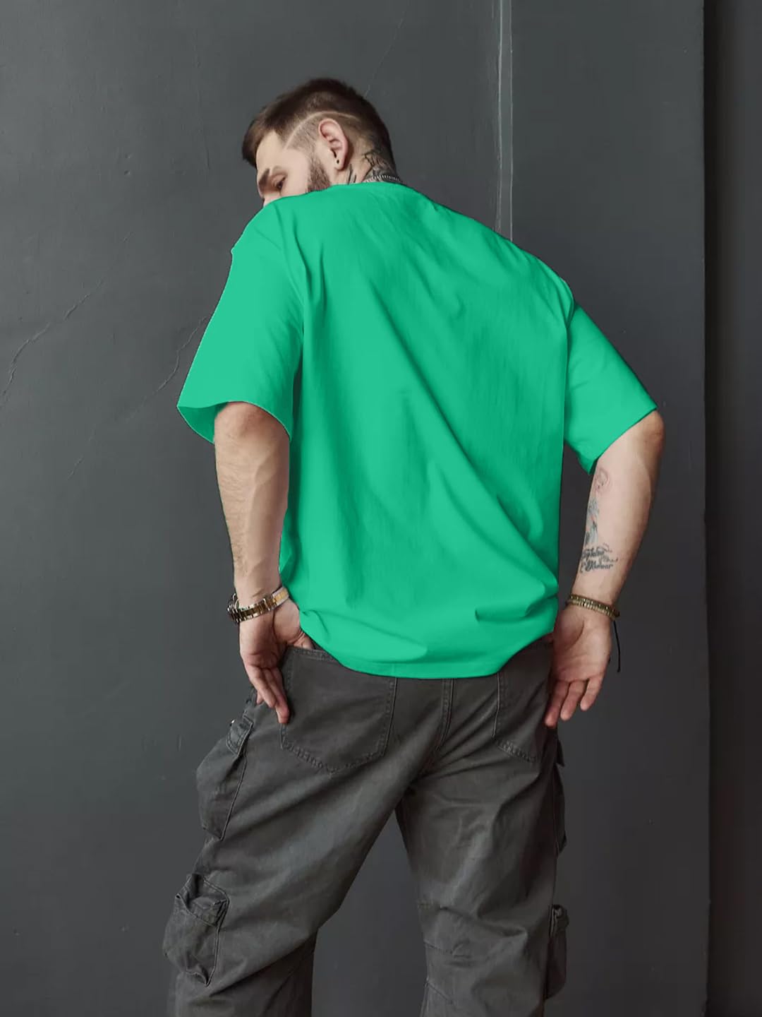 LEOTUDE Man Cotton Blend Graphic Print Round Neck Half Sleeve Drop Shoulder Oversized T Shirt (Color Navy Blue)