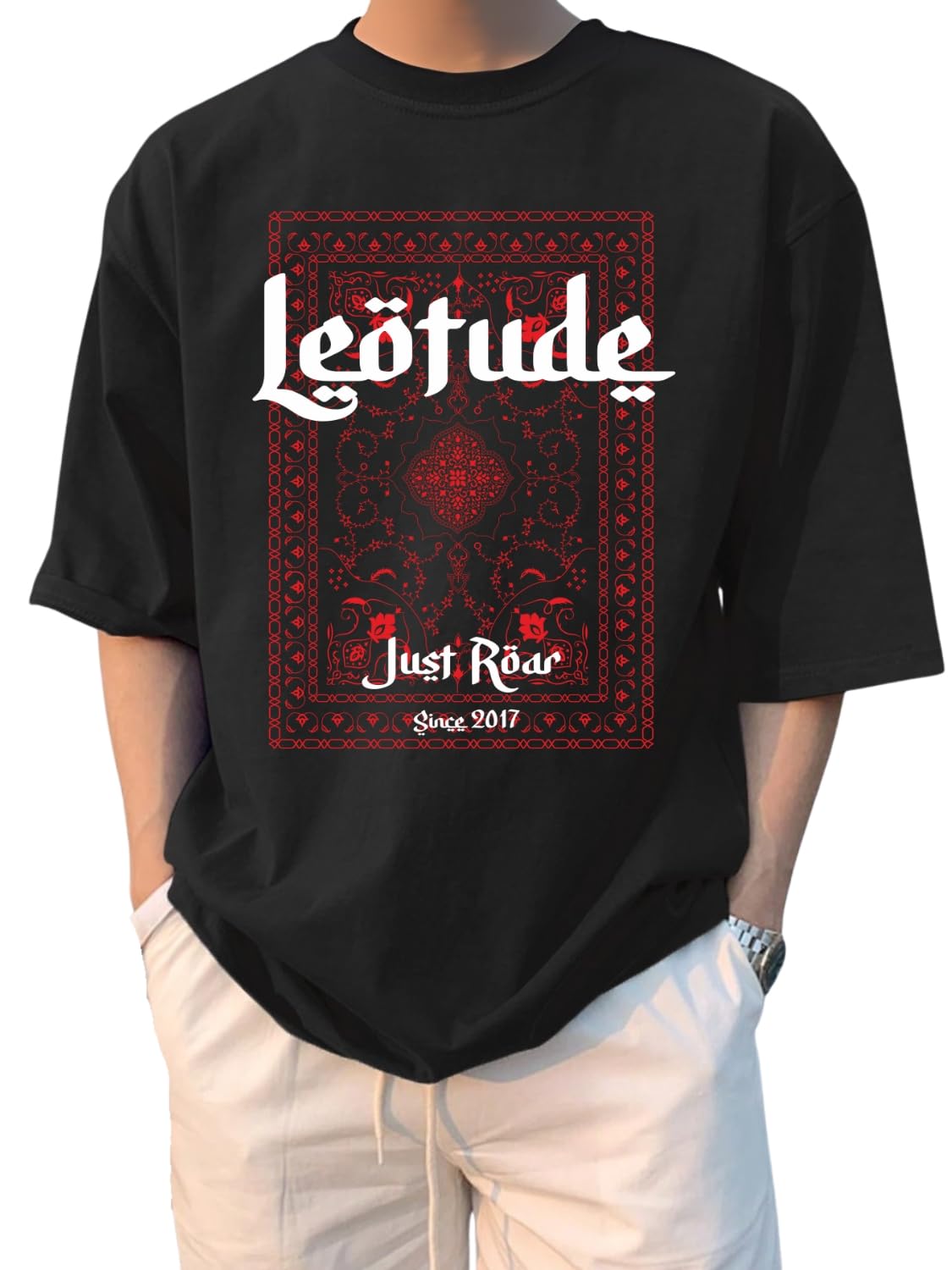 LEOTUDE Classy Half Sleeve Cottonblend Printed Round Neck Drop Shoulder Oversized Tshirt for Man