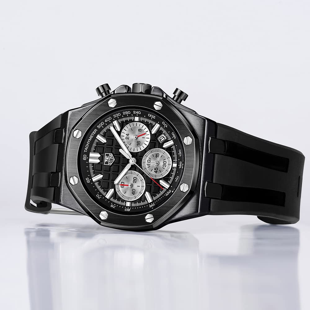 senstone Men's Watch Quartz Analog Multifunction Chronograph  Watch for Men with Calendar Black Rubber Strap