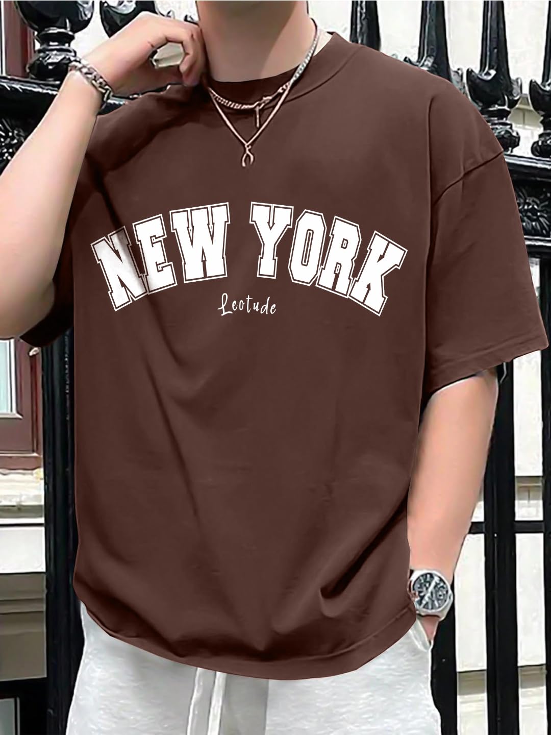 LEOTUDE Classy Half Sleeve Cottonblend Printed Round Neck Drop Shoulder Oversized Tshirt for Man