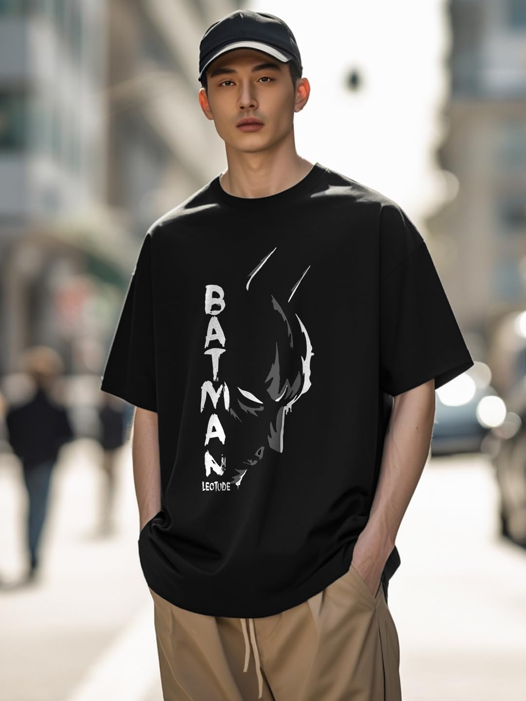 LEOTUDE Man Cotton Blend Graphic Print Round Neck Half Sleeve Drop Shoulder Oversized T Shirt (Color Navy Blue)