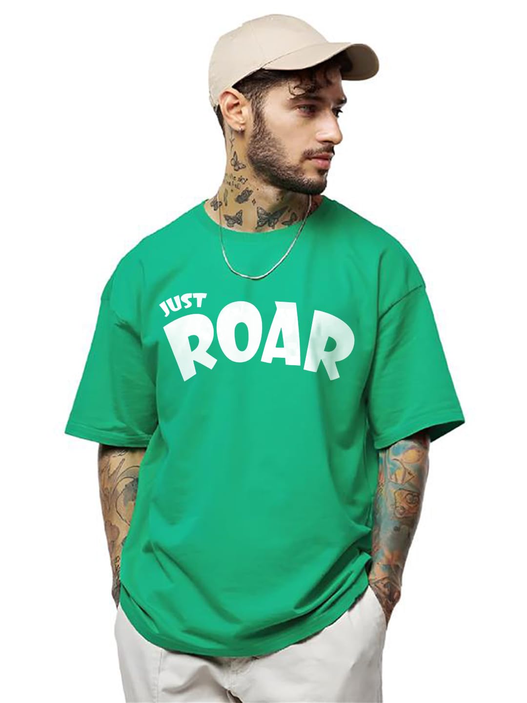 LEOTUDE Man Cotton Blend Graphic Print Round Neck Half Sleeve Drop Shoulder Oversized T Shirt (Color Navy Blue)