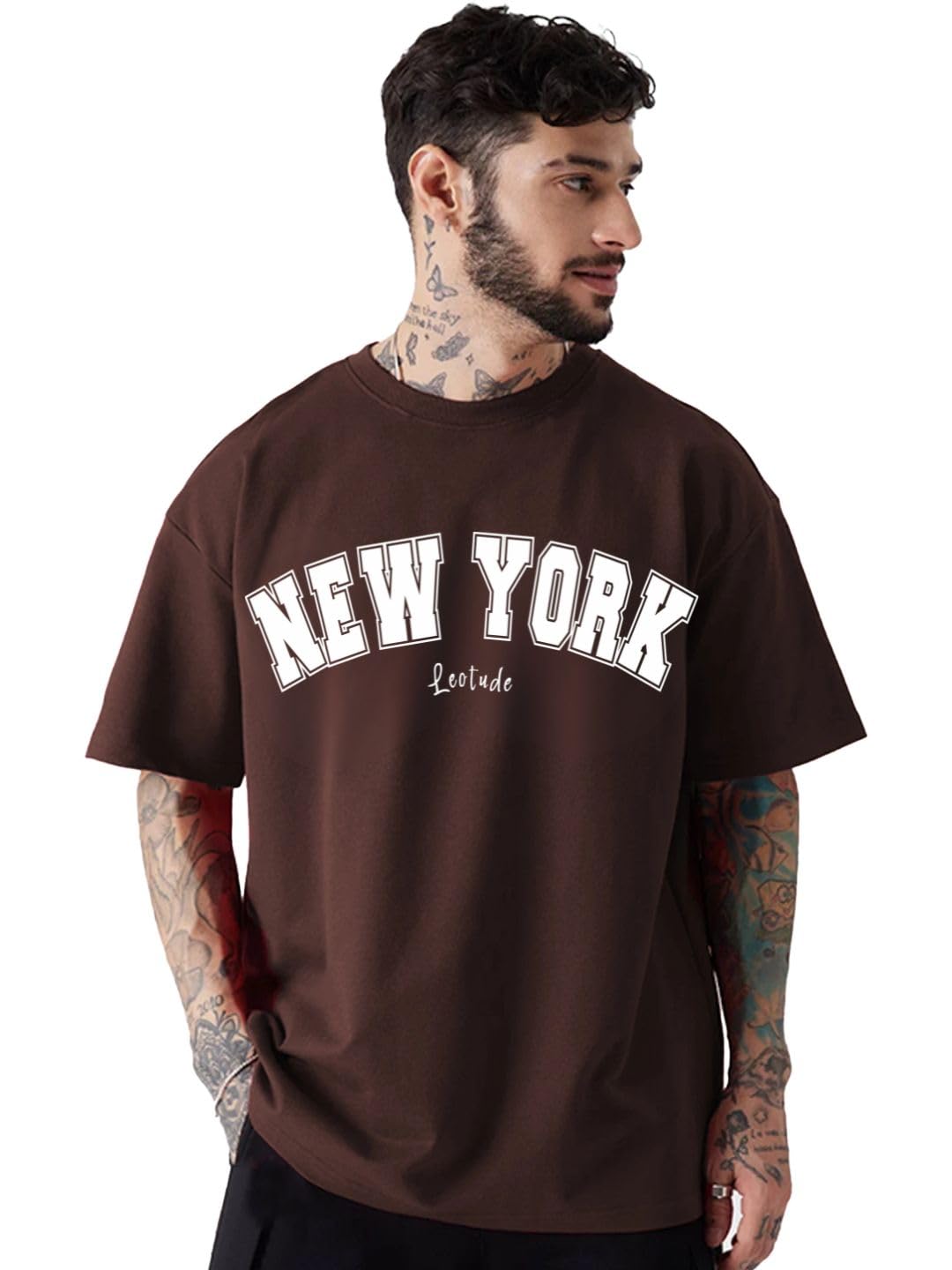 LEOTUDE Classy Half Sleeve Cottonblend Printed Round Neck Drop Shoulder Oversized Tshirt for Man