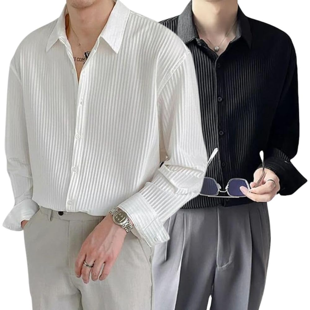 GRECIILOOKS Men's Formal Button Down Shirt – Slim Fit Polycotton Shirt|Textured Full Sleeve| (Available in Combo Pack of 2)