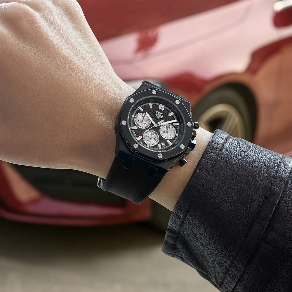 senstone Men's Watch Quartz Analog Multifunction Chronograph  Watch for Men with Calendar Black Rubber Strap