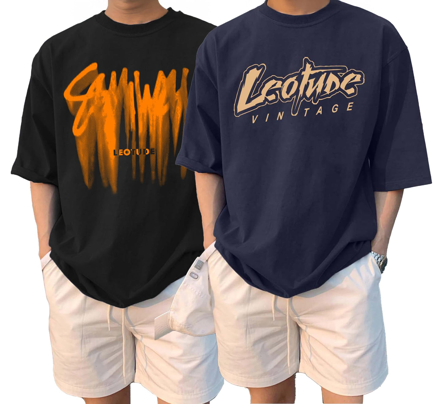 LEOTUDE Classy Half Sleeve Cottonblend Printed Round Neck Drop Shoulder Oversized Tshirt for Man