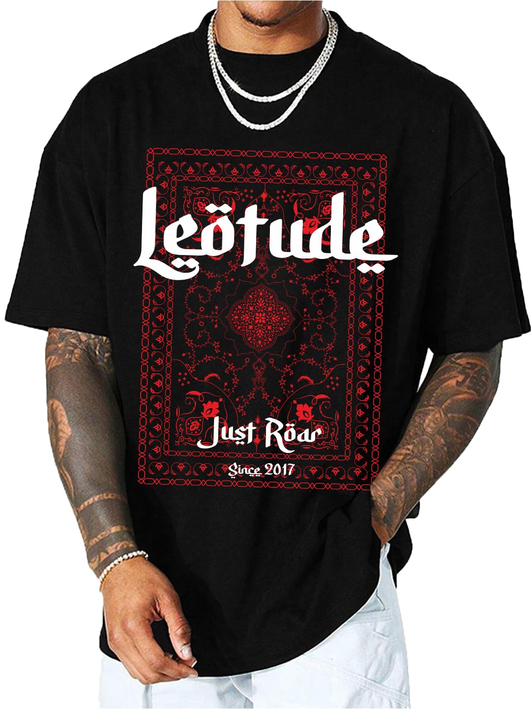 LEOTUDE Classy Half Sleeve Cottonblend Printed Round Neck Drop Shoulder Oversized Tshirt for Man
