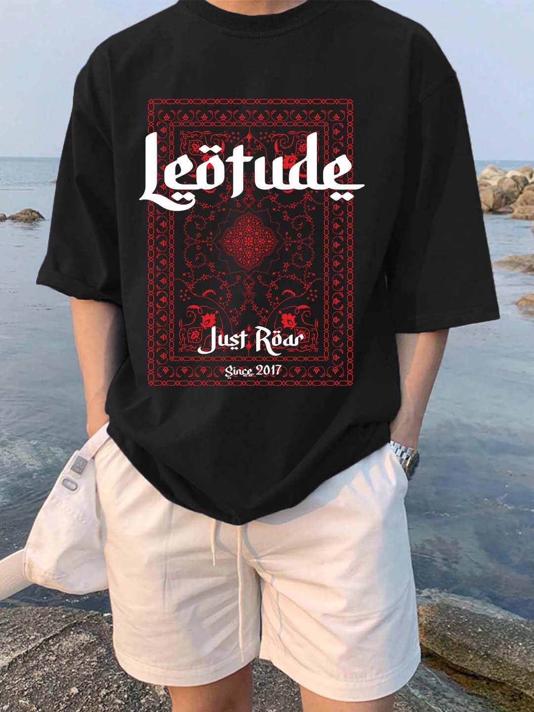 LEOTUDE Classy Half Sleeve Cottonblend Printed Round Neck Drop Shoulder Oversized Tshirt for Man