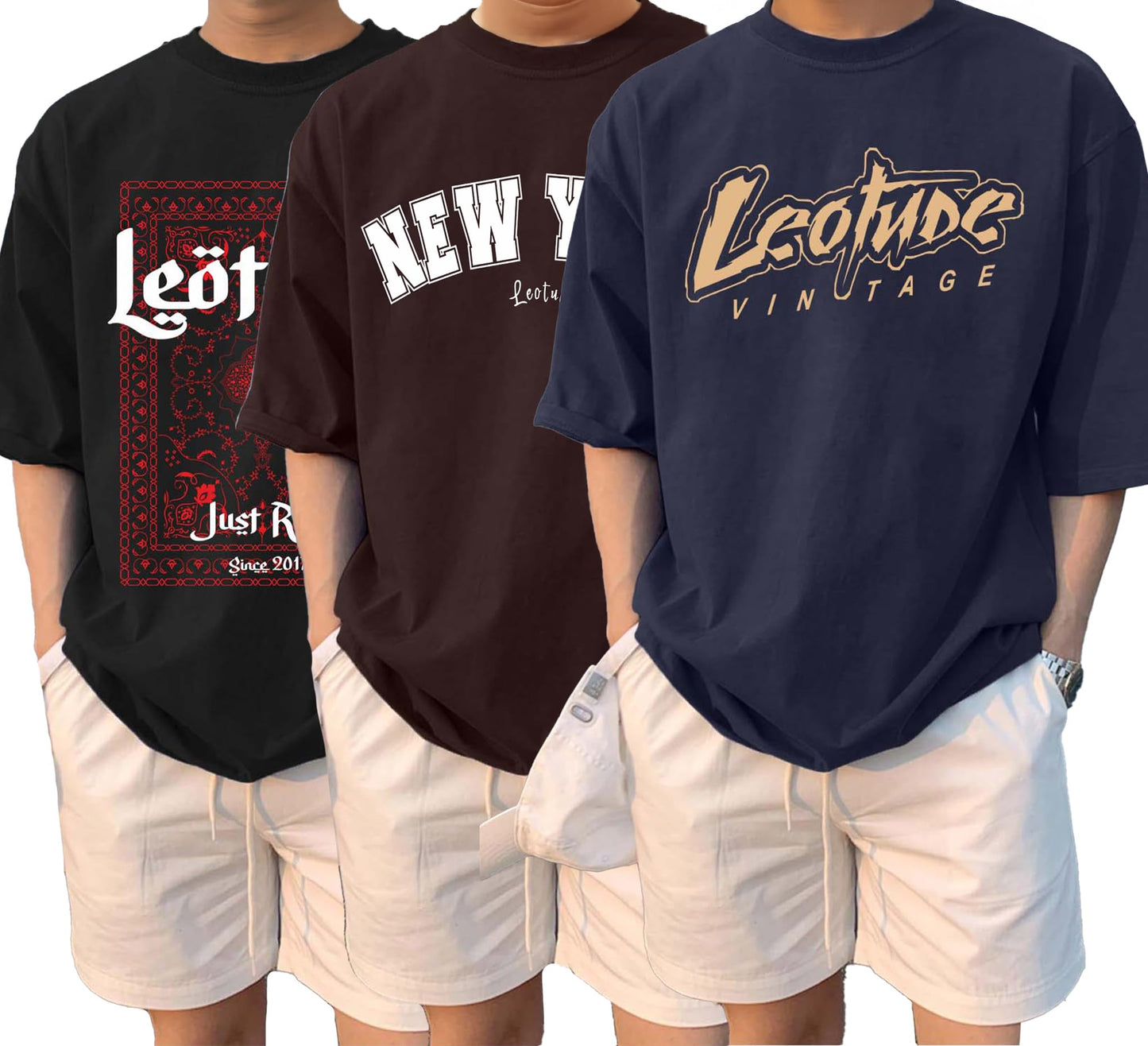 LEOTUDE Classy Half Sleeve Cottonblend Printed Round Neck Drop Shoulder Oversized Tshirt for Man