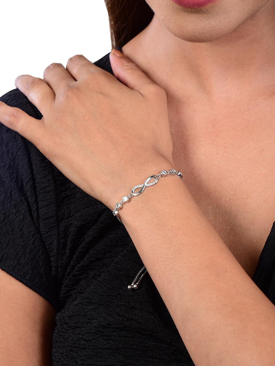 Nilu's Collection Infinity Shape Cubic Zirconia Diamond Bracelet for Women & Girls, Jewelry for Gift, Adjustable Charm Bracelet