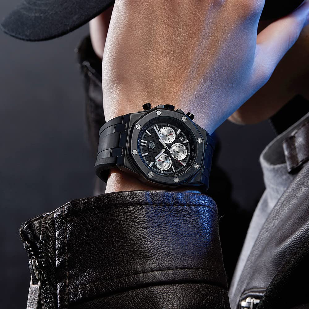 senstone Men's Watch Quartz Analog Multifunction Chronograph  Watch for Men with Calendar Black Rubber Strap