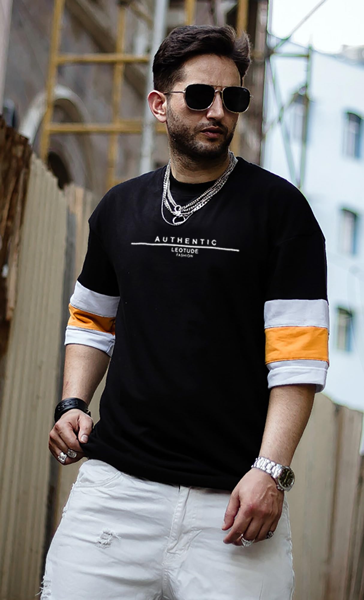 LEOTUDE Men's Cottoblend Half Sleeve Printed Oversized Drop Shoulder T-Shirt (Black Color)