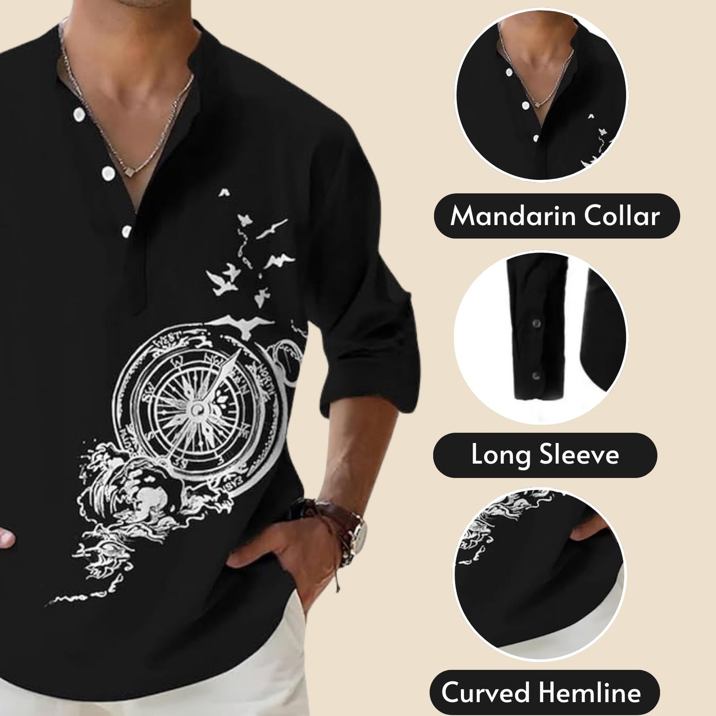 DEELMO Men's Cotton Blend Mandarin Collar Self One Design Full Sleeve Casual Short Kurta