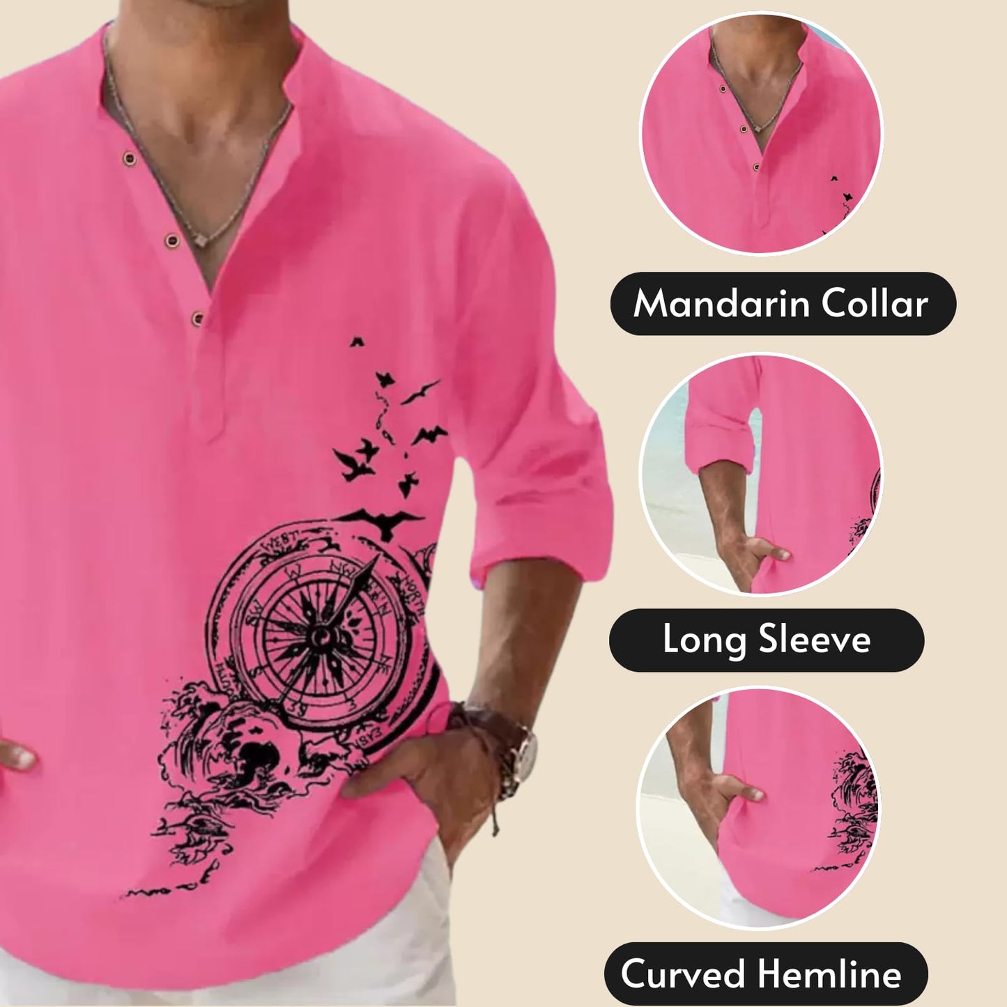 DEELMO Men's Cotton Blend Mandarin Collar Self One Design Full Sleeve Casual Short Kurta