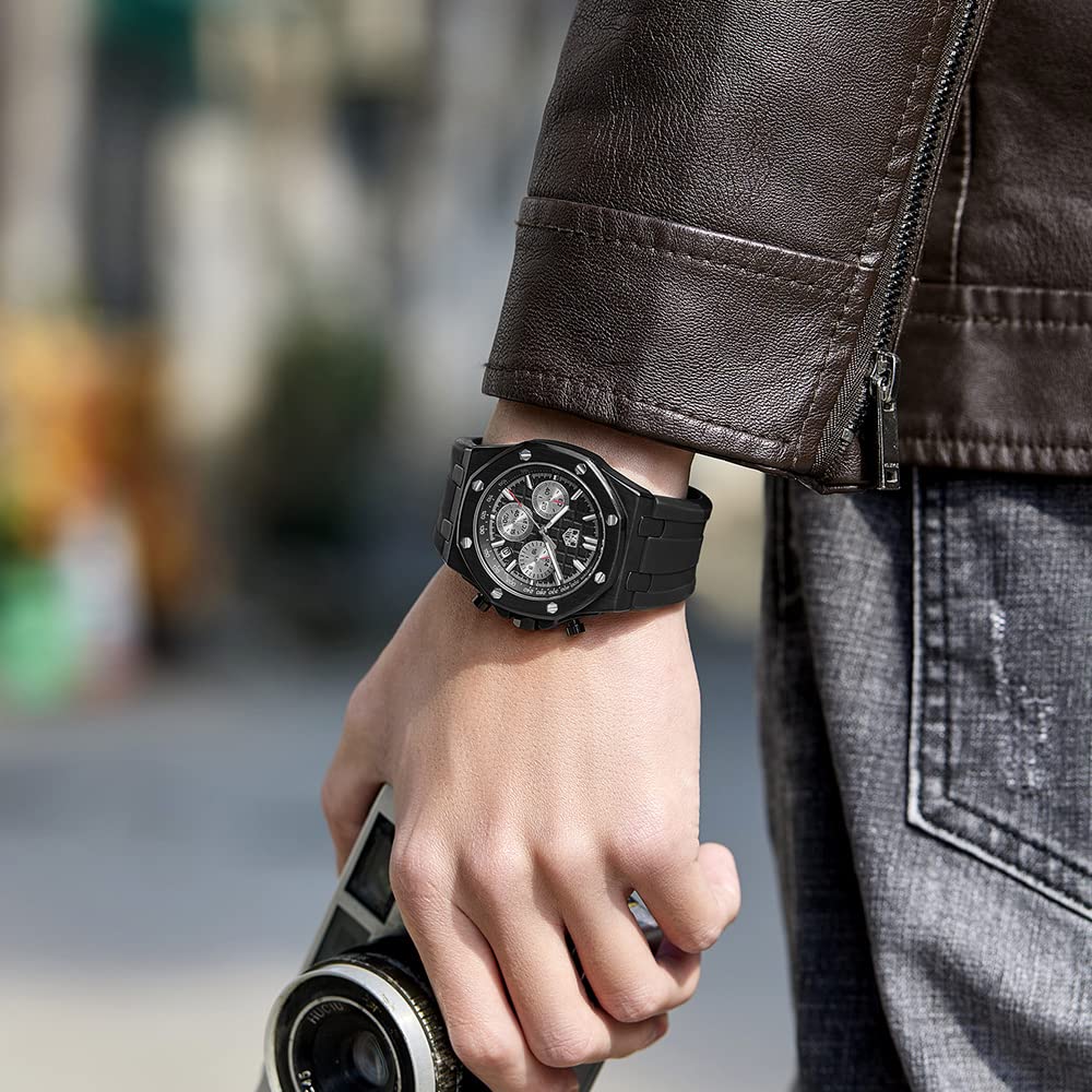 senstone Men's Watch Quartz Analog Multifunction Chronograph  Watch for Men with Calendar Black Rubber Strap