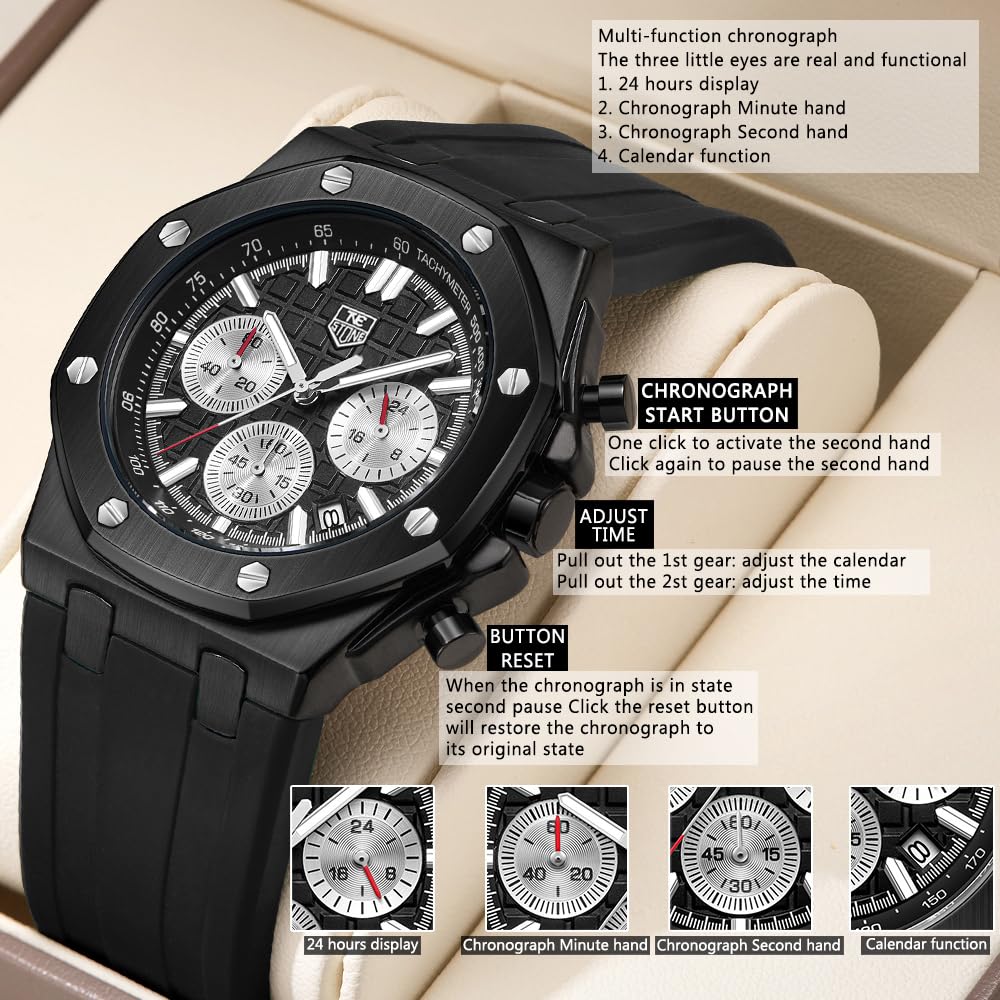 senstone Men's Watch Quartz Analog Multifunction Chronograph  Watch for Men with Calendar Black Rubber Strap