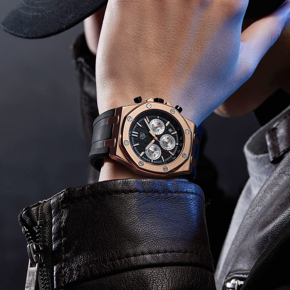 senstone Men's Watch Quartz Analog Multifunction Chronograph  Watch for Men with Calendar Black Rubber Strap