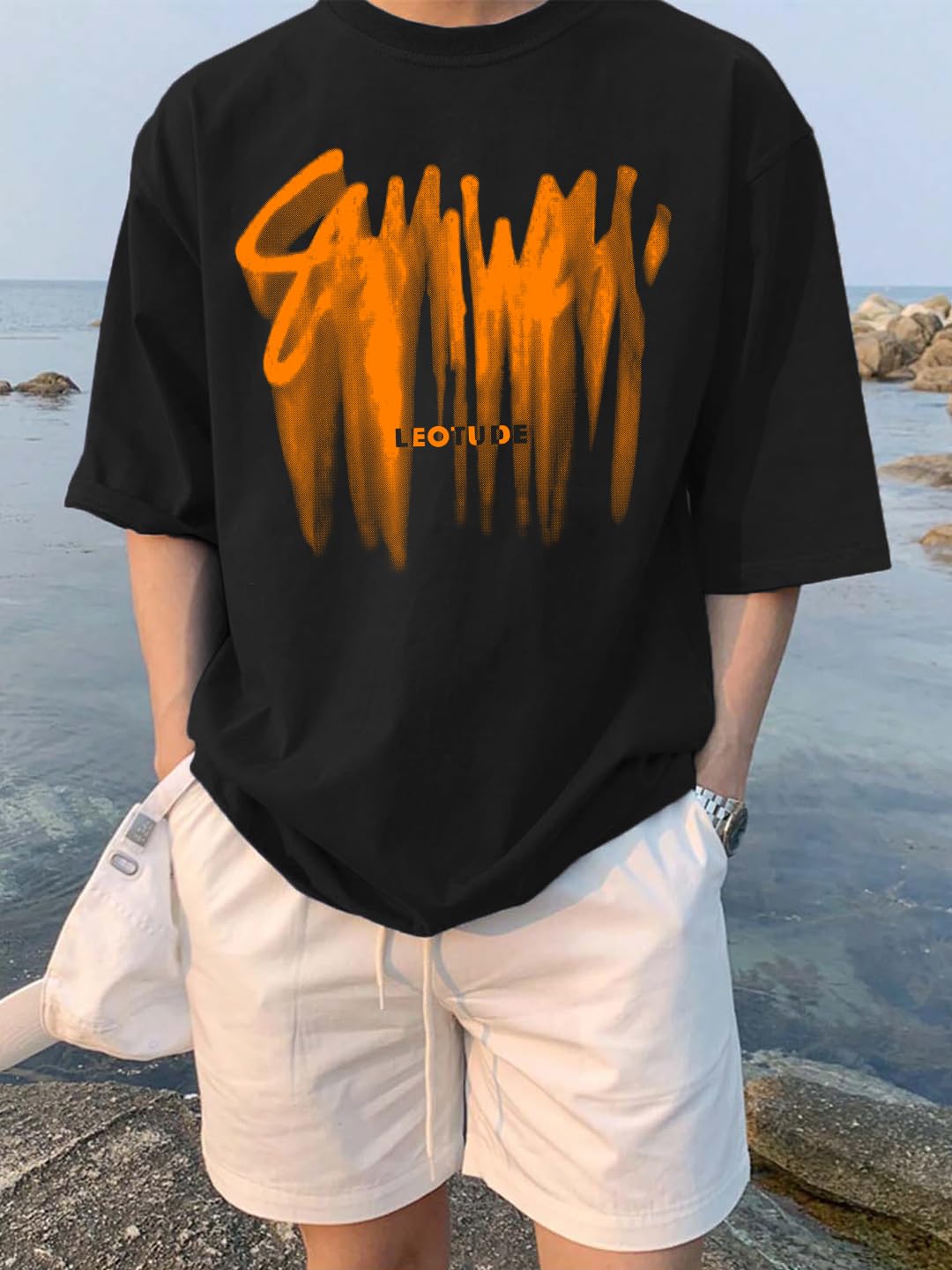 LEOTUDE Classy Half Sleeve Cottonblend Printed Round Neck Drop Shoulder Oversized Tshirt for Man