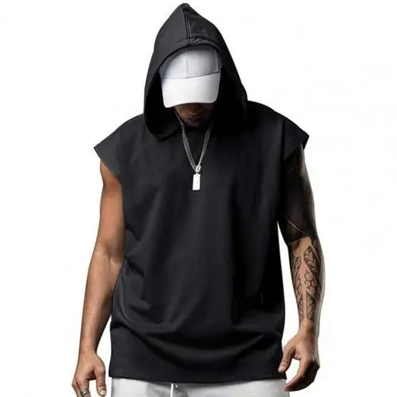 Plus Size Men Tanks Top Hooded Solid Color Summer Male Sleeveless Sports Top Loose Sleeveless Fitness Vest Party Sweatshirt