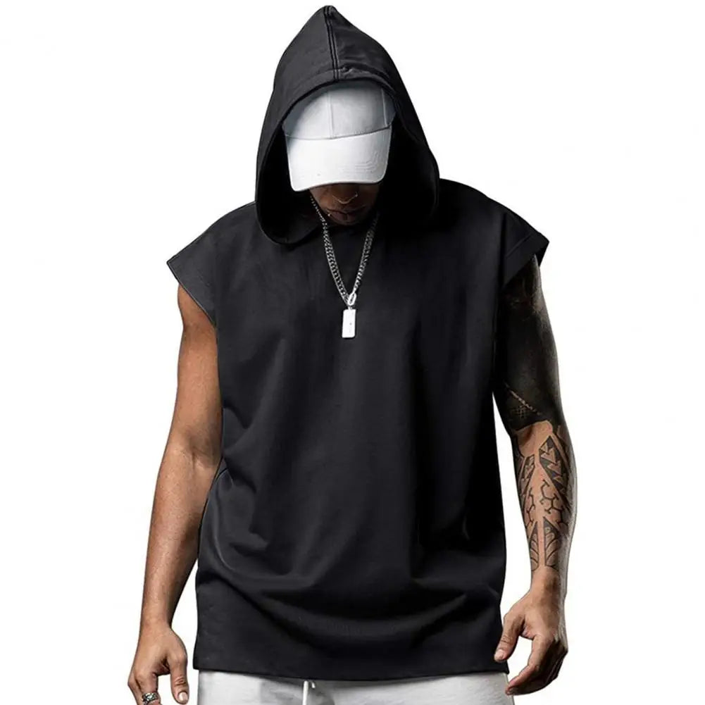 Plus Size Men Tanks Top Hooded Solid Color Summer Male Sleeveless Sports Top Loose Sleeveless Fitness Vest Party Sweatshirt